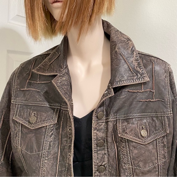 SCULLY Genuine Leather Brown Vintage Look Distressed Topstitch Leather Jacket - Picture 4 of 14